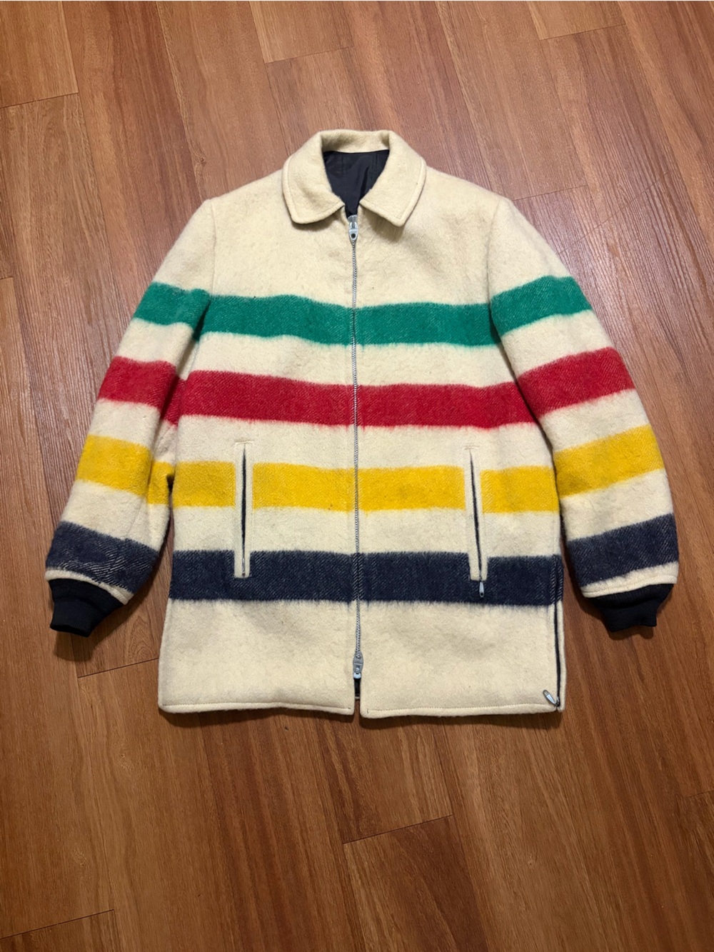 Vintage 1960s Reversible Hudson’s Bay Wool Coat Striped Hooded Size 8 Women